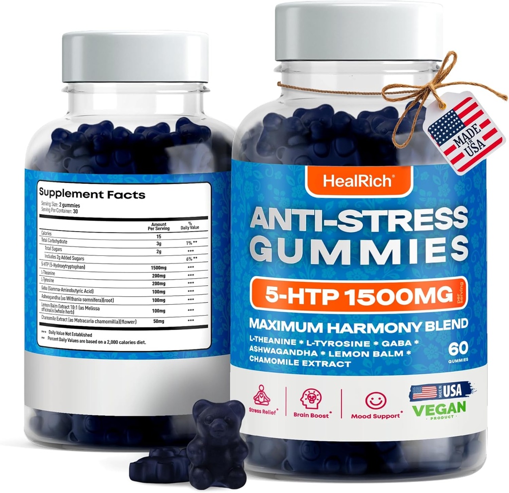 Gummies de alivio de estrés - 1500MG 5HTP con L-Theanine Gaba & L-Tyrosine - Ashwagandha Suplemento Herbal Asistencias Alerta Intelectual Vegan Brain Mood Suplementos Booost para adultos y niños hechos en EE.UU.