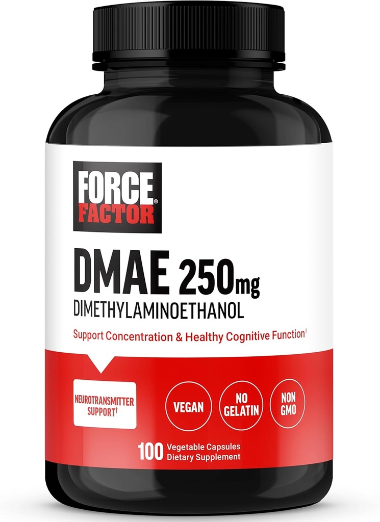 FORCE FACTOR DMAE Suplemento de Concentración, Foco y Función Cognitiva Saludable, Suplemento Cerebro " Neurotransmisor Soporte, Vegano, No GMO, 100 cápsulas