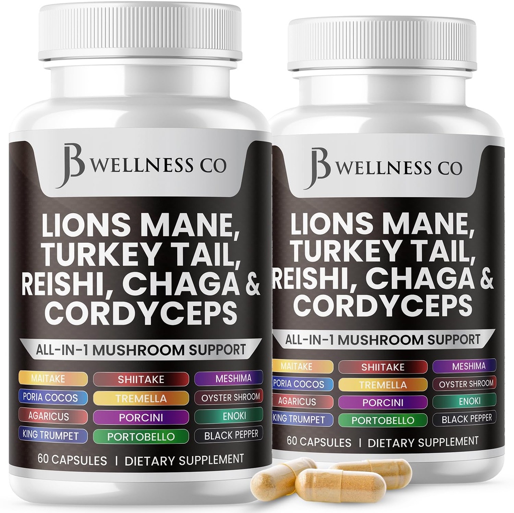 Lions Mane Suplemento Cognitive Support, Immune Health with Turkey Tail 20in1 Mushroom Reishi Cordyceps Chaga with Marshmallow Root - 120 Count