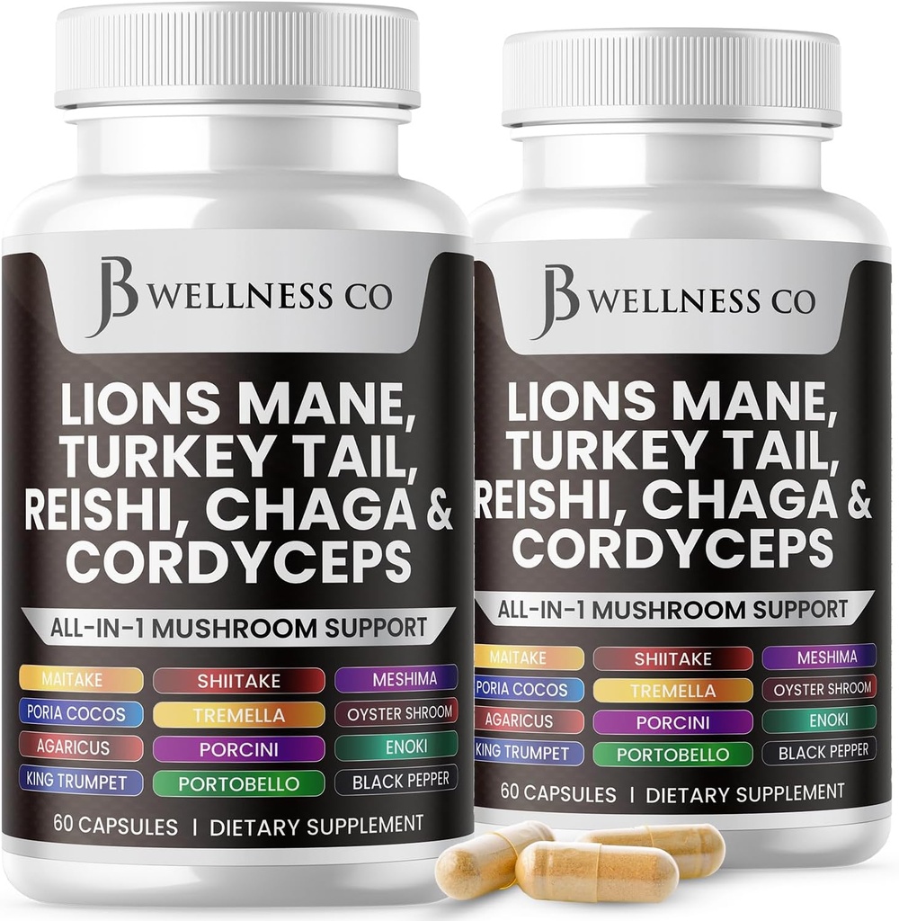 Lions Mane Suplemento Cognitive Support, Immune Health with Turkey Tail 20in1 Mushroom Reishi Cordyceps Chaga with Marshmallow Root - 120 Count