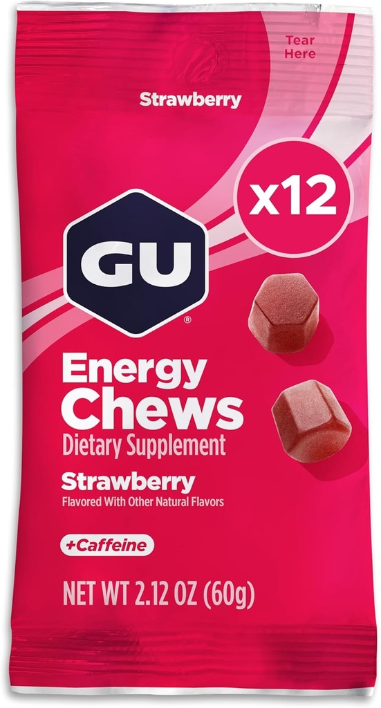 GU Energy Chews, Strawberry Energy Gummies with Electrolytes, Vegan, Gluten-Free, Kosher, 20 mg de Caffeine y Dairy-Free On-the-Go Energy for Any Workout, 12 Bolsas (24 Servimientos Total)