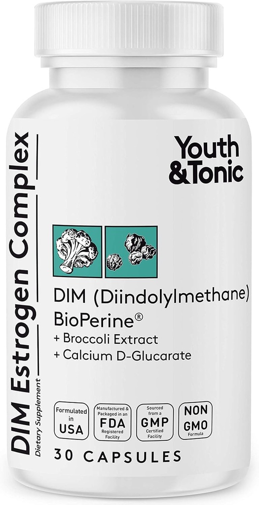 Jóvenes &amp; Tonic DIM BioPerine for Estrogen Metabolism Apoyo Silencio Mujeres y Hombres Saldo hormonal con Exceso Estrógeno Bloqueador ANTE Diindolylmetano Suplemento - 30 píldoras