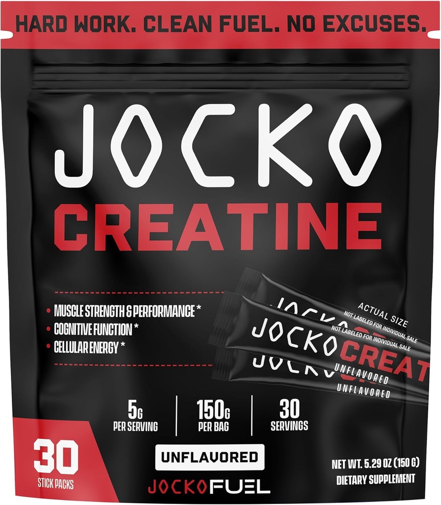 Jocko Fuel Creatine Stick Packs - Creatine Monohydrate Powder Travel Packs for Men &amp; Women, Suplemento para el rendimiento atlético &amp; Muscle Health, 30 Servings 150g (Unflavored)