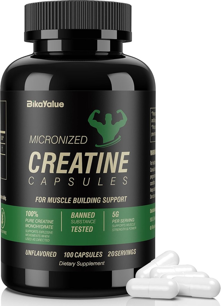Micronized Creatine Monohydrate Capsules, Creatine Capsules Suplemento para el músculo, fuerza, rendimiento, energía, recuperación, Gluten Free Creatine for Women and Men, 100Capsules (20 Servings)