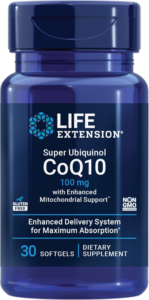 Super Ubiquinol CoQ10 con soporte mitocondrial mejoradoTM, suplemento de salud cardíaca, absorción máxima, 100 mg, no GMO, libre de gluten, 30 softgeles