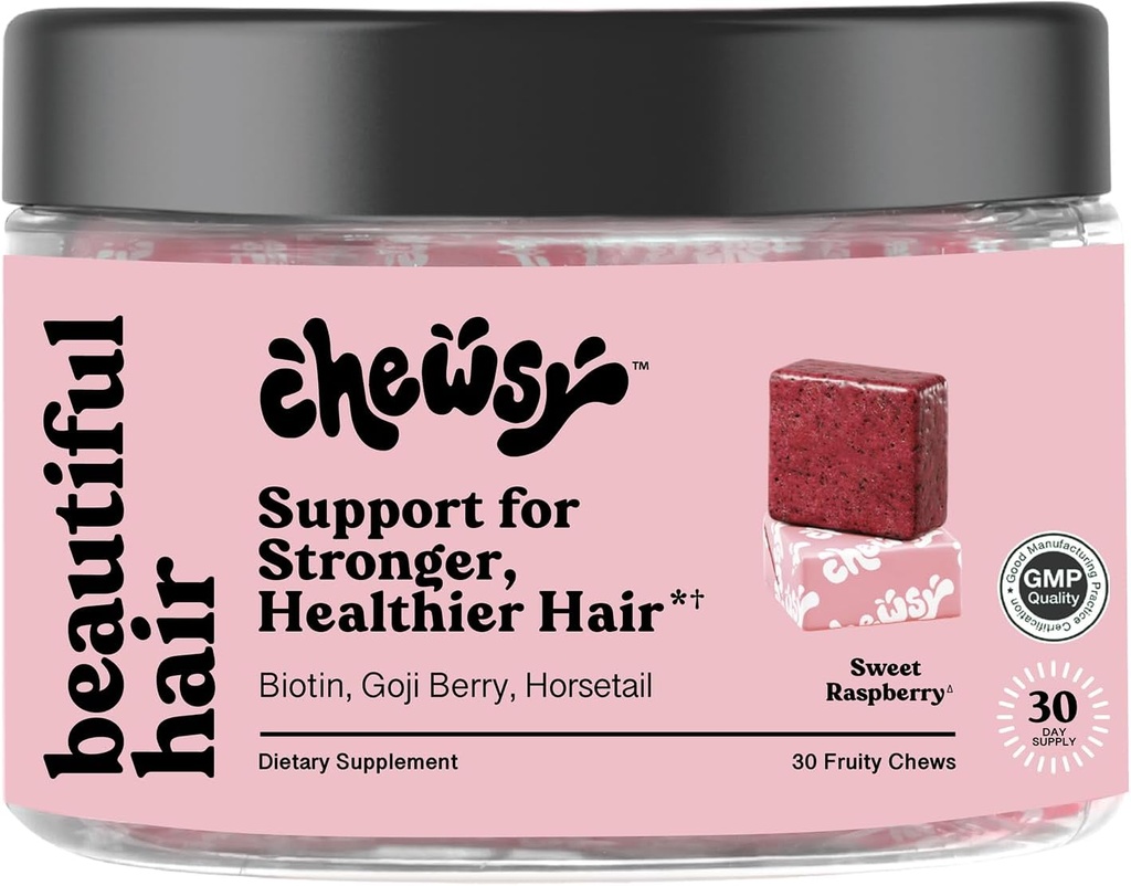 Chewsy - Hermoso pelo - Soporte para el cabello más fuerte, saludable - con Biotina, Extracto de la cola de caballo, Goji Berry & vitaminas - Fresa dulce, 30-Day Supply