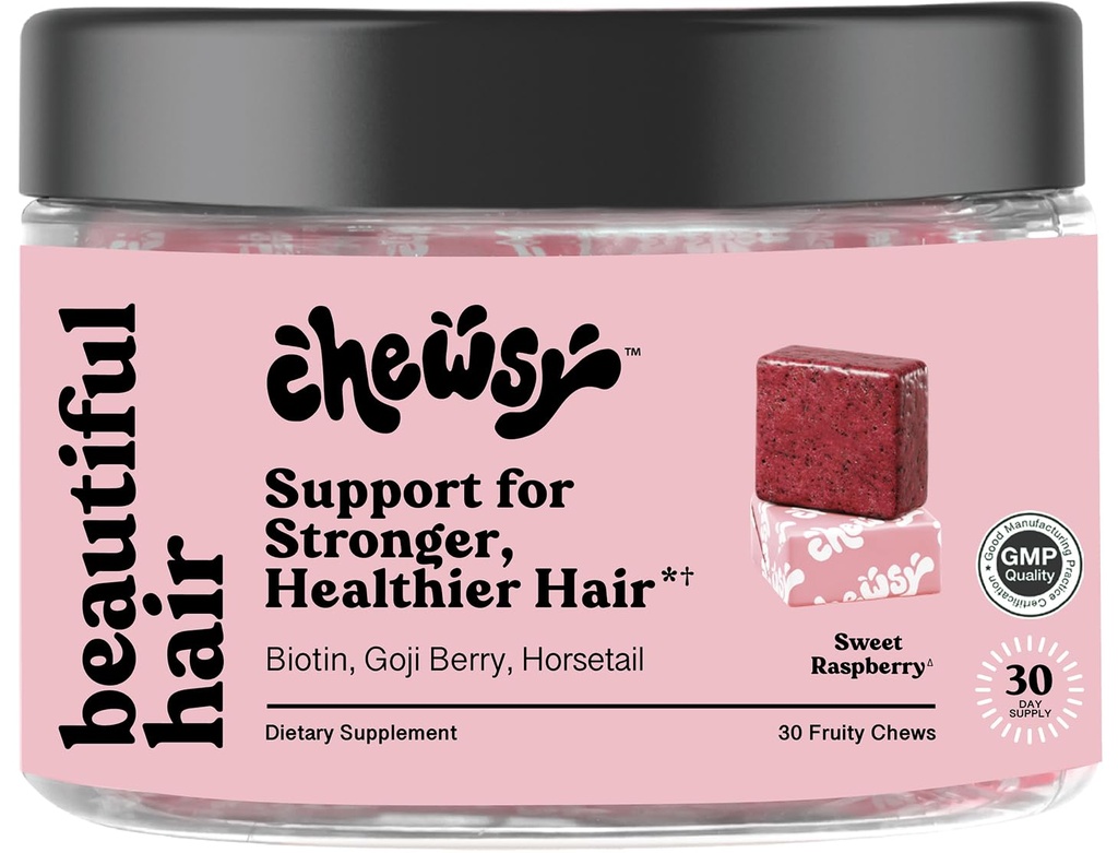 Chewsy - Hermoso pelo - Soporte para el cabello más fuerte, saludable - con Biotina, Extracto de la cola de caballo, Goji Berry & vitaminas - Fresa dulce, 30-Day Supply