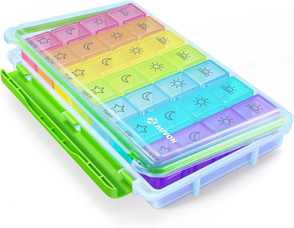 AUVON iMedassist Moisture-Proof Weekly Pill Organizer 4 veces al día, gran caja de 7 días de píldora portátil para viajar con contenedores individuales extraíbles para mantener vitaminas, suplementos y medicamentos