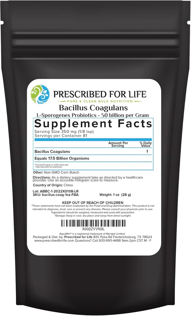 Prescrito para la vida Bacillus Coagulans Powder, Lactobacillus Suplemento para Gut Health Support, Temperature y Shelf Stable Probiotics, L. Sporogenes (50 Billion/Gram) (1oz / 28g)