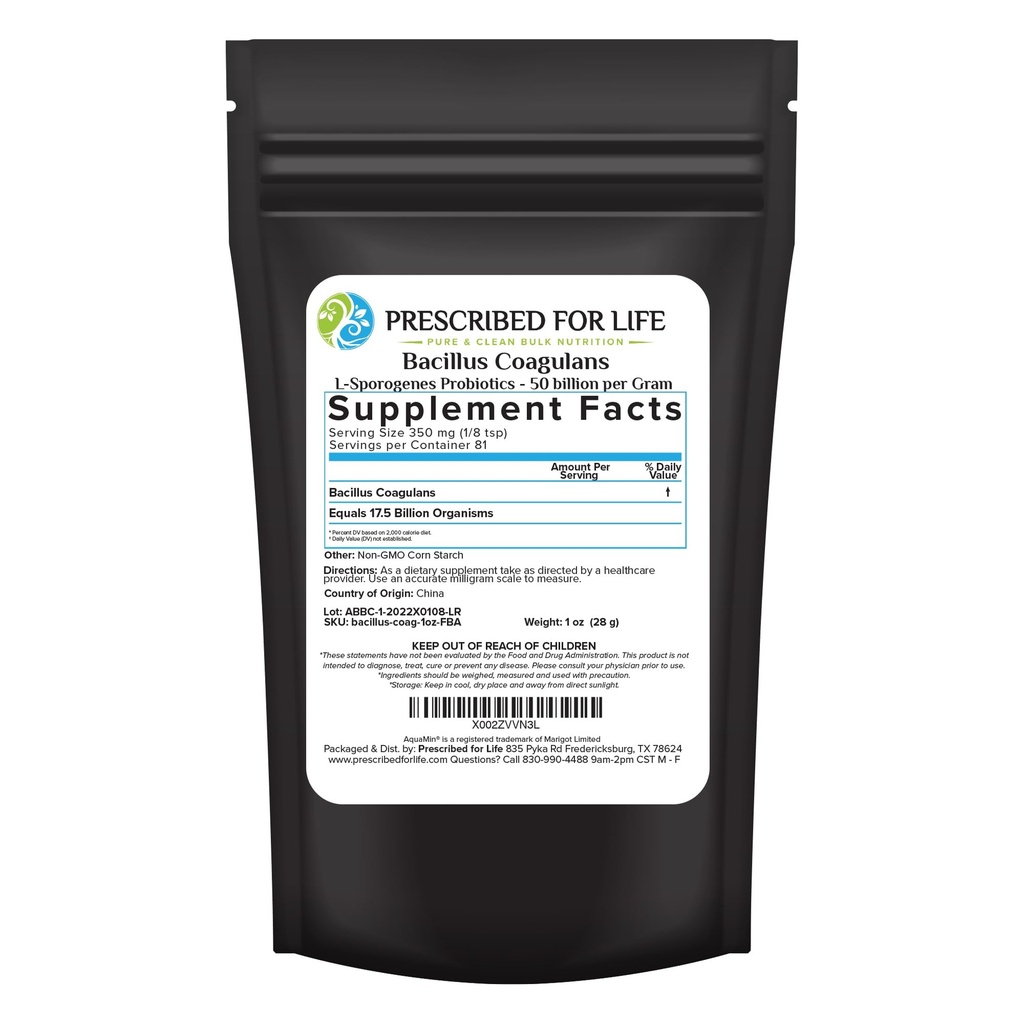Prescrito para la vida Bacillus Coagulans Powder, Lactobacillus Suplemento para Gut Health Support, Temperature y Shelf Stable Probiotics, L. Sporogenes (50 Billion/Gram) (1oz / 28g)