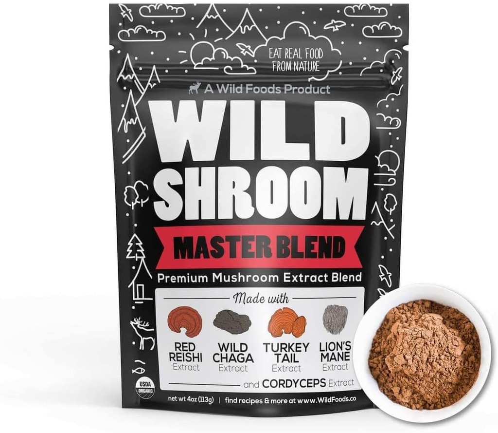 Wild Foods Wild Mushroom Blend-Supercharged Reishi, Chaga, Cordyceps, Turquía Tail y Lion’s Mane - 4Oz Pack- Adaptogenic Stress Reducer para aumentar la claridad mental-nootropic Liquid Blend para el café