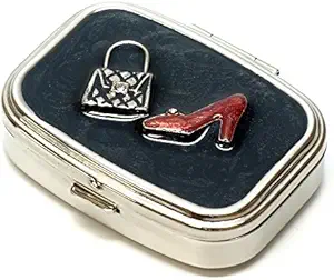 9339 Square Small Pill Box Organizer Black Silver Casino Dice & Cards Women Travel Pill Case Purse Pocket Container Daily Portable Medicine Vitamin Box Medication Supplement Mini Storage