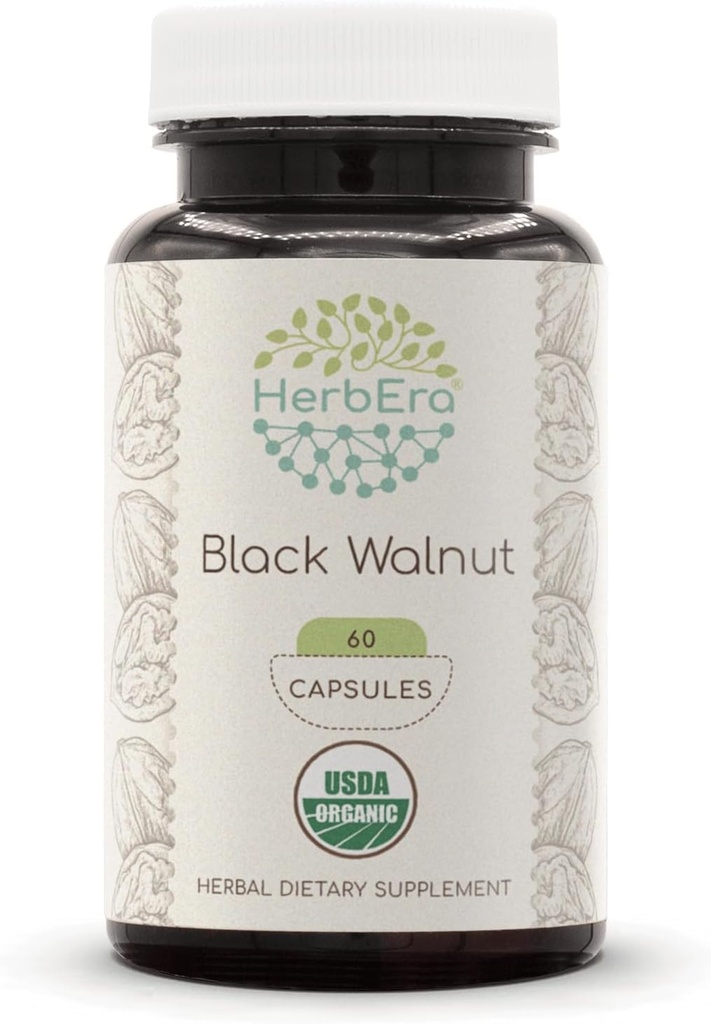 HerbEra Black Walnut USDA Organic 60 Capsules | Natural Herbal Supplement | Certified Organic Vegetarian Capsules and Organic Black Walnut (Juglans Nigra) Dried Hull (60 Capsules)