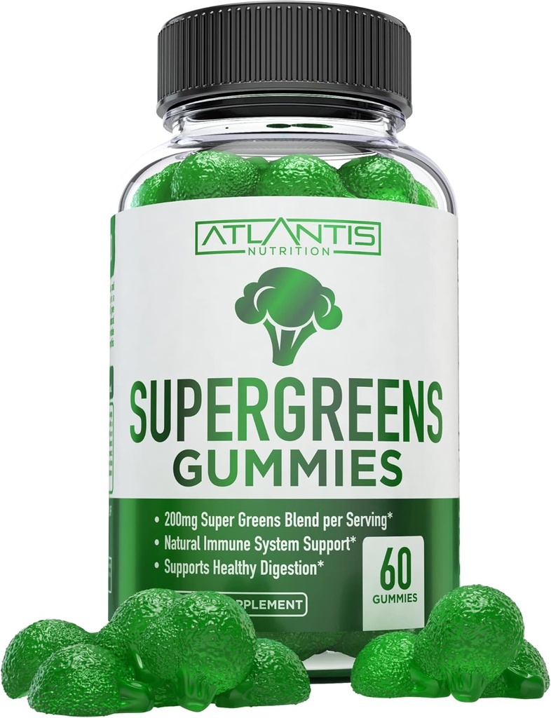 Atlantis Nutrition Supergreens Gummies - Daily Green Superfoods Suplemento con Espinacas, Broccoli, Moringa, Beet Root, Celery, Green Tea, " Acai for Immunity Support - Natural Raspberry Flavor, 60 cnt
