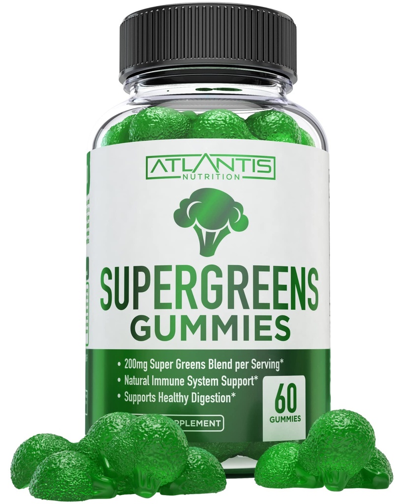 Atlantis Nutrition Supergreens Gummies - Daily Green Superfoods Suplemento con Espinacas, Broccoli, Moringa, Beet Root, Celery, Green Tea, " Acai for Immunity Support - Natural Raspberry Flavor, 60 cnt