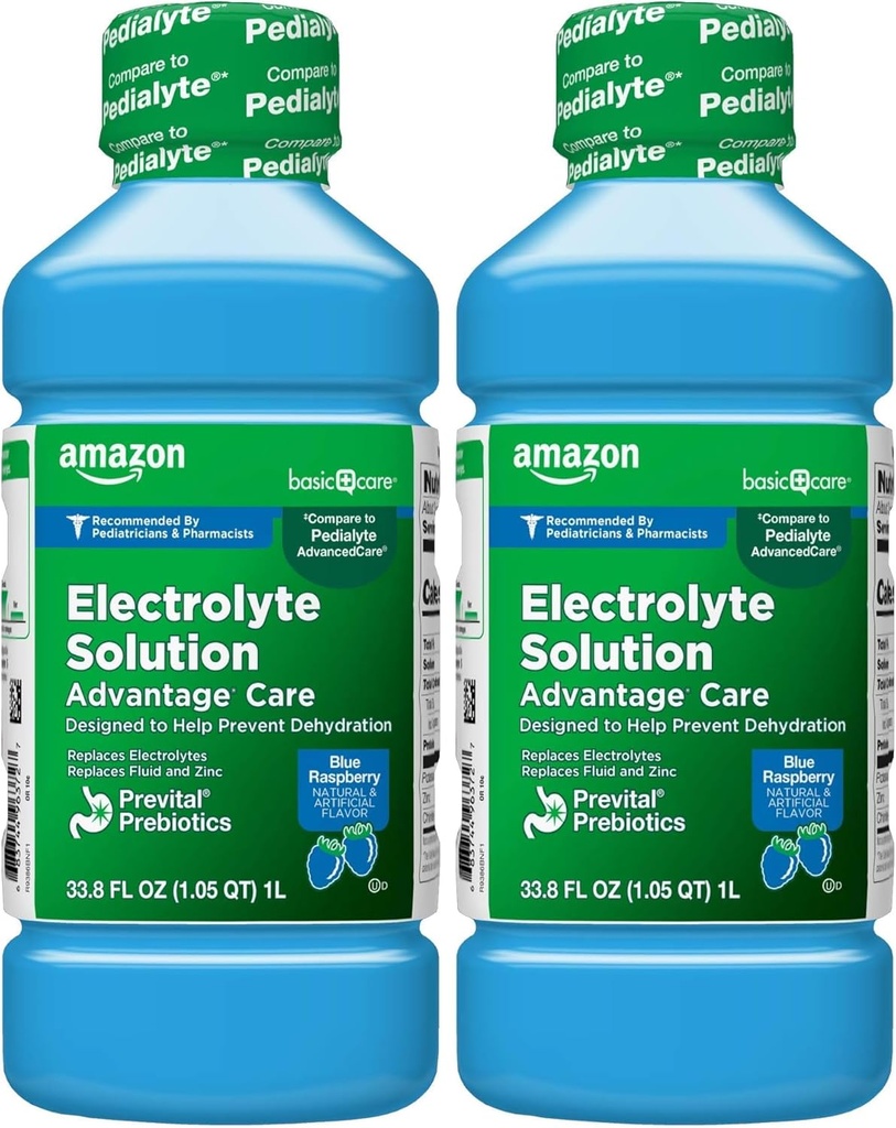   Basic Care Electrolyte Solution Advantage Care with PreVital Prebiotics, Blue Raspberry, Designed to Help Prevent Dehydration, Replaces Electrolytes, Fluid and Zinc, 33.8 fl oz (Pack of 2)