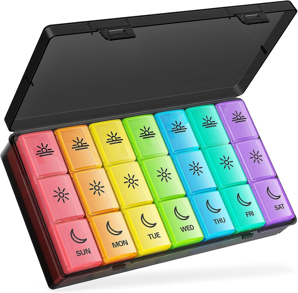 BUG HULL Pill Organizer 3 veces al día, gran organizador semanal de píldoras de medicina 3X al día, 7 días caja de píldoras Buenos días Noon Evening for Vitamin, Cod-Liver Oil, Suplementos (Rainbow Black)