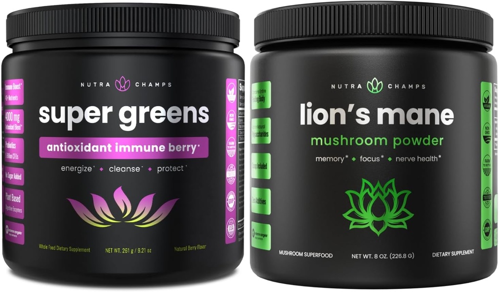 NutraChamps Super Greens Antioxidant &amp; Lion's Mane Powder. Digestive, Immunity & Adaptogen Support