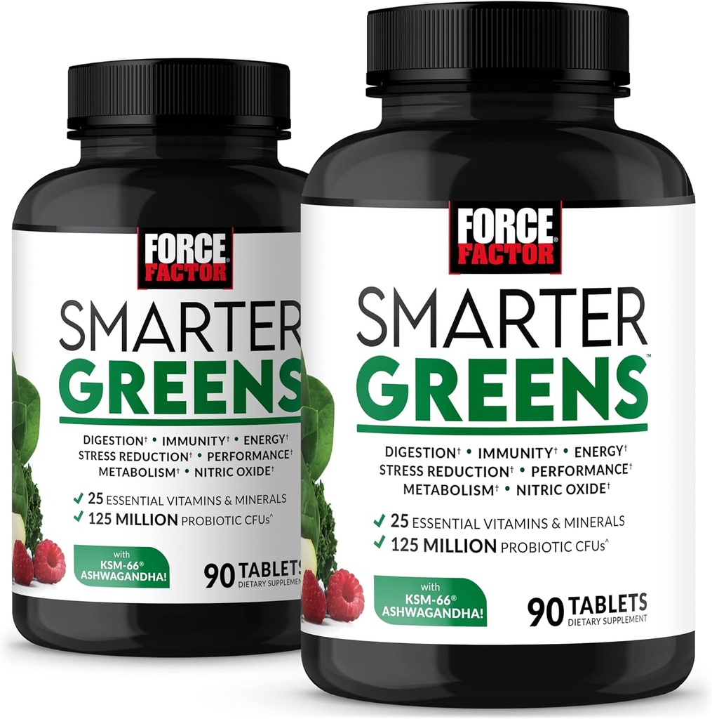 FORCE FACTOR Smarter Greens Tablets, 2-Pack, Greens Suplemento con 25+ Superfoods y Antioxidantes para mejorar la digestión, reducir el estrés, fortalecer la inmunidad y apoyar el metabolismo, 180 Tablets