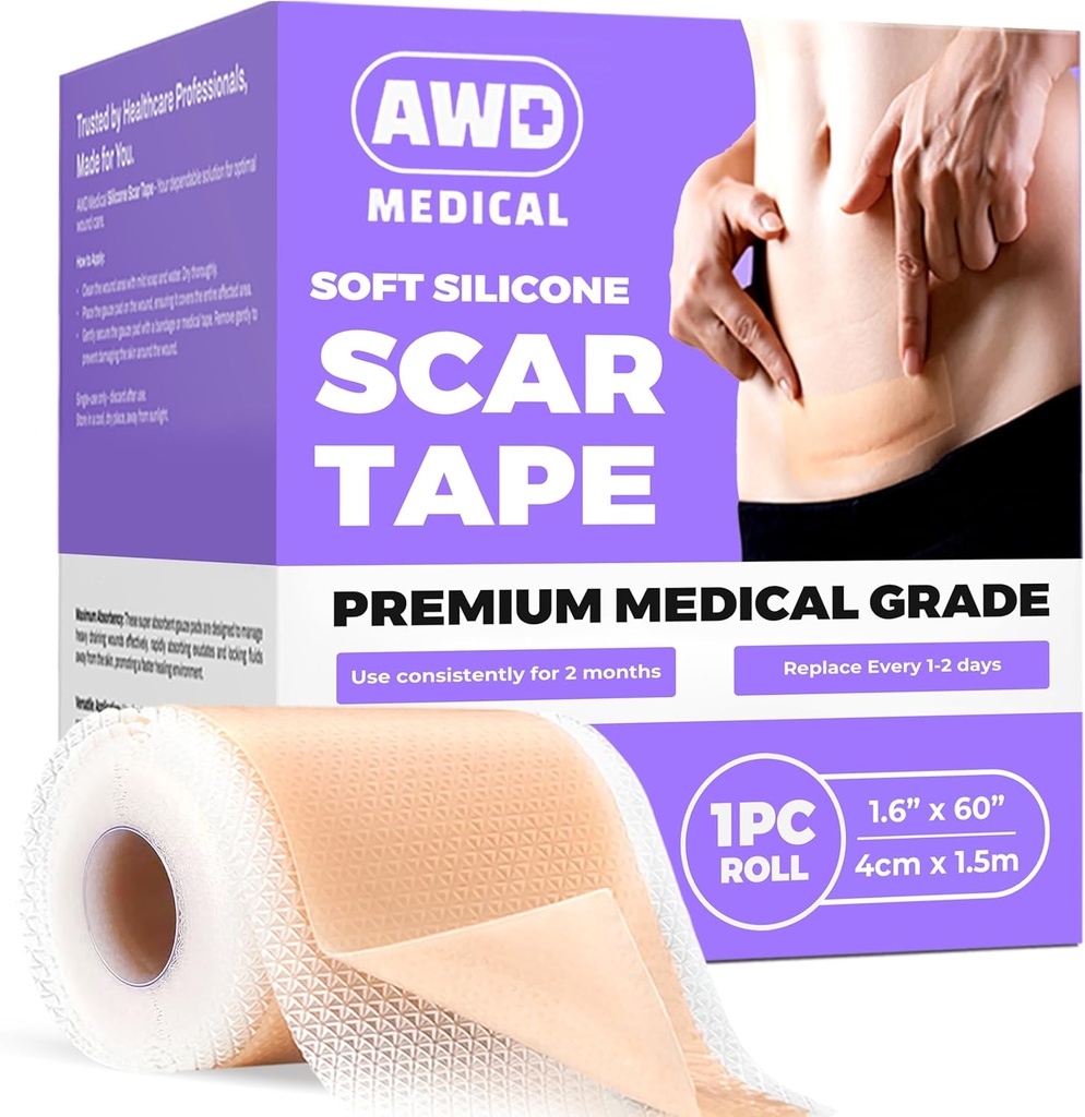 Hojas de cicatrices de silicona para cicatrices quirúrgicas - Cinta de silicona de silicona sin costura para la sección C, Tummy Tuck Tape - Patches de silicona después de la cirugía debe tener (1.6" x 60" Rollo sin costura)
