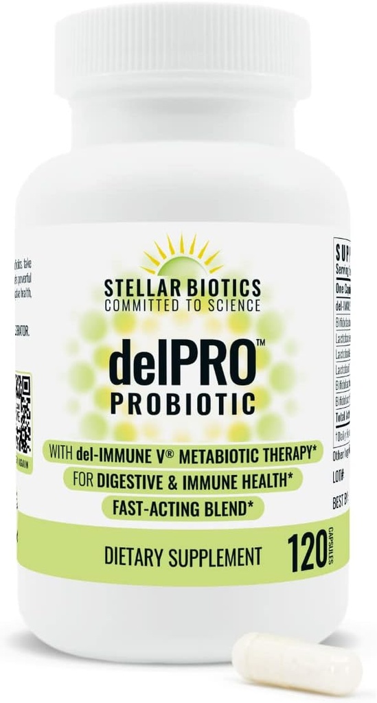 Del-Immune V® + Delpro Probiotic " Prebiotic Blend by Stellar Biotics - Promueve la salud óptima del Gut, la digestión, el soporte inmunológico " Mood (120 cápsulas)
