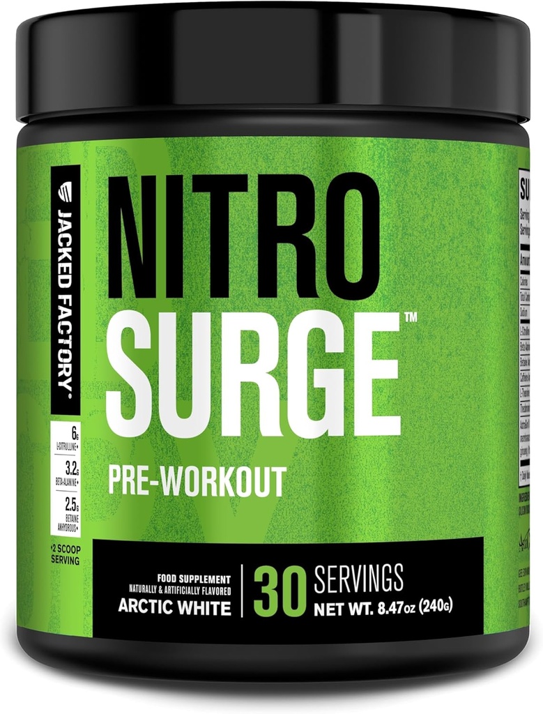Jacked Factory NITROSURGE Pre Workout Suplemento - Endless Energy, Instant Strength Gains, Clear Focus, Bombas Intensas - NO Booster &amp; Powerful Preworkout Energy Powder - 30 Servings, Arctic White