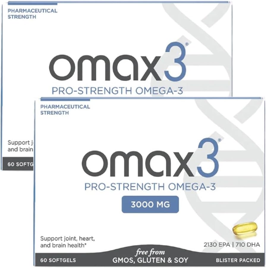 Omax3 Pro-Strength Ultra-Pure Omega-3 Fish Oil - 1000 mg - Maximum Professional Joint &amp; Muscle Support - EPA DHA - NSF certificado - 60/per Softgel Blister (Pack of 2)