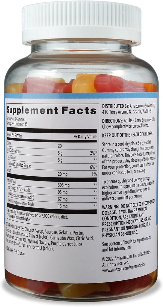 Basics Fish Oil 303 mg, Lemon, Orange & Strawberry-Banana Flavors, 90 Gummies (2 por Serving), EPA y DHA Omega-3 Ácidos grasos (antes Solimo) (Pack of 2)