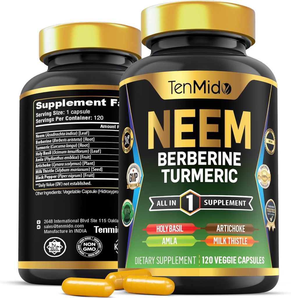 Neem Leaf Suplemento - 8in1 Fórmula - Combina con Berberine, Turmeric, Holy Basil, Amla, Artichoke, Milk Thistle y Black Pepper - Immune Support - 120 cápsulas para 4 meses de suministro