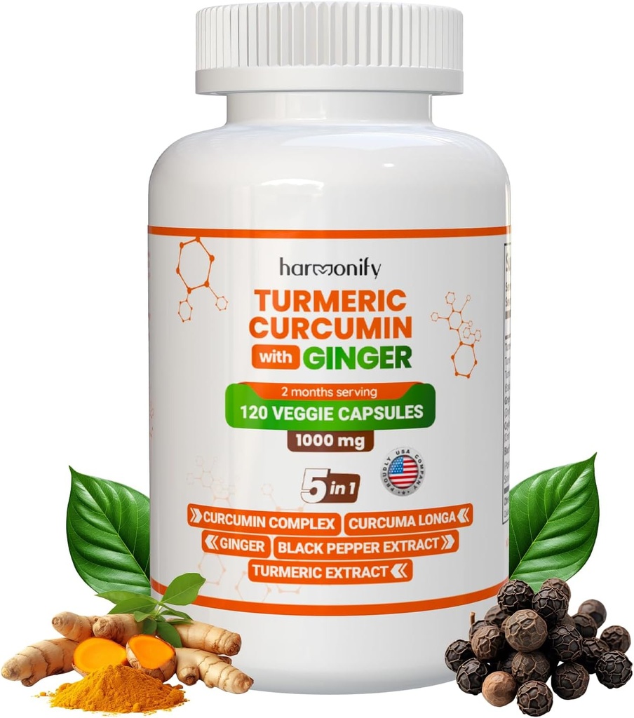 Suplemento Turmeric Curcumin con Ginger, Ceylon Cinnamon y Black Pepper Complex 5 en 1 Fórmula, Curcuma Longa, Max Absorción, 1000 mg, 120 Herbal Extract Capsules