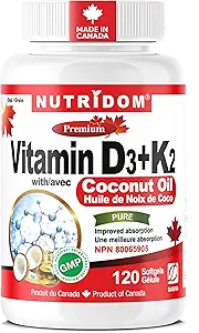 Vitamina D3 + K2 con aceite de coco (120 Softgels)