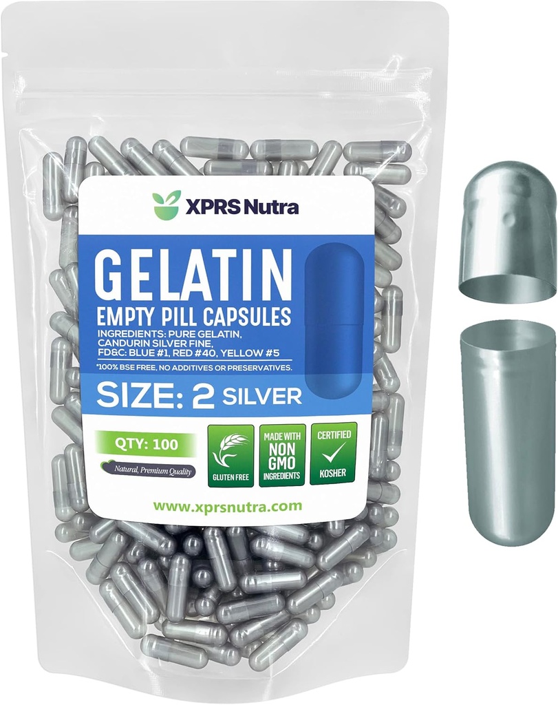 XPRS Nutra Size 2 Empty Capsules - 100 Conde Empty Gelatin Capsules - Pills DIY Capsule Filling - Pure Bovine Pill Gel Caps for Do-It-youself Supplements (Silver)