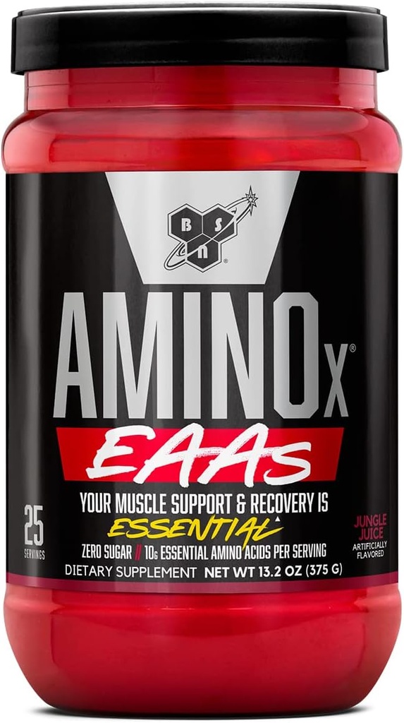 BSN Amino X EAAs, recuperación de músculo y resistencia, 10g ácidos esenciales, 5g BCAAs, cero azúcar, cafeína gratis, jugo de selva, 13.2oz, 25 servidumbres