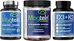 Magtein Magnesium L-Threonate 60 Capsules, Magceutics Adult Gummies 150 Conde, Vitamina D3 K2 30 Capsules - Bundle