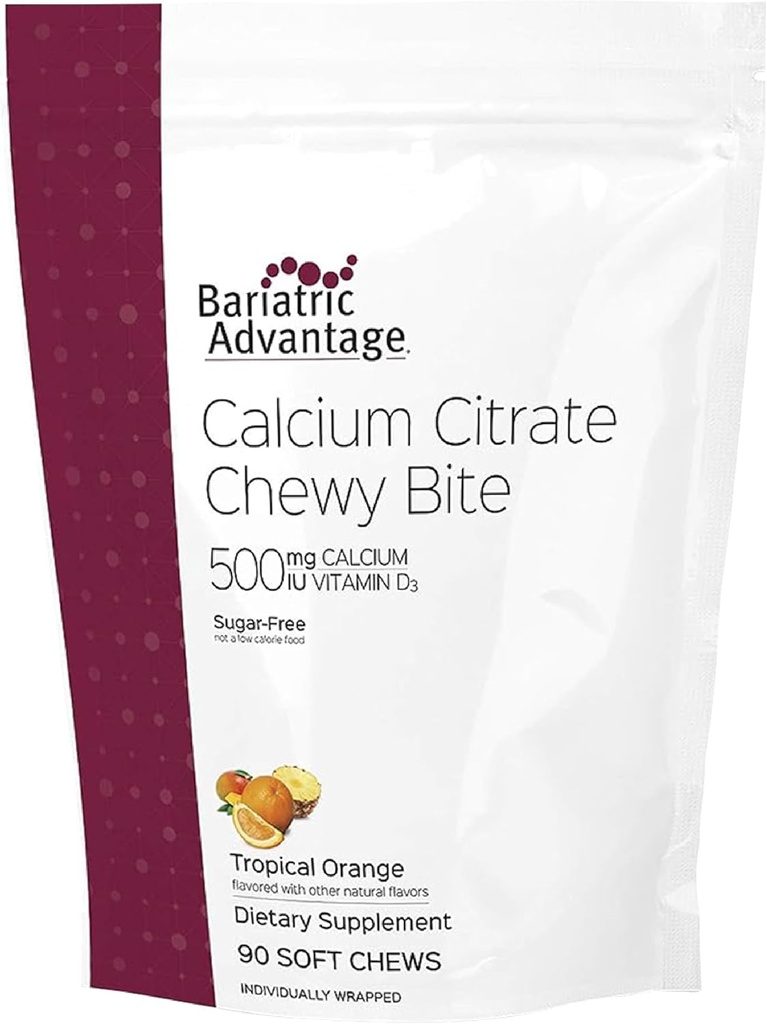 Bariatric Advantage Calcium Citrate Chewy Bites 500 mg - Highly Absorbable & Digestible - Vitamina D3 - Suplemento Calcium Fácilmente Chewable - Tropical Orange - 90 Cuenta