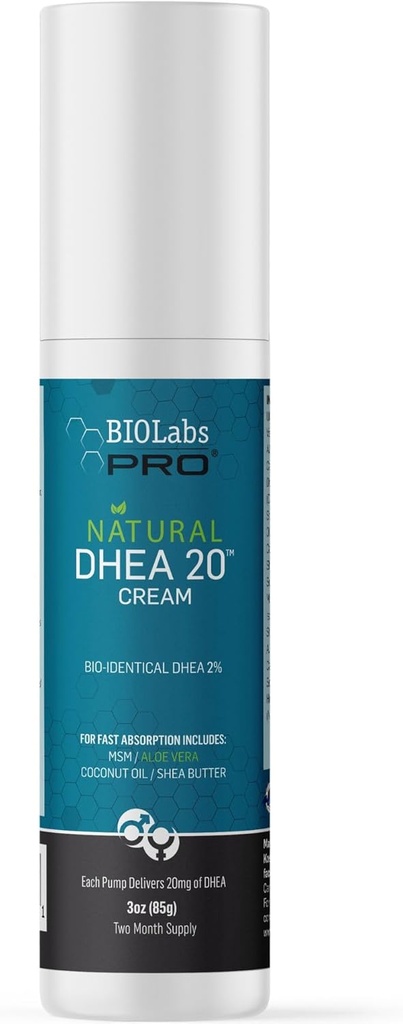 BIOLABS PRO All Natural Bioidentical 20mg Dhea Cream - Dos Month Supply - para Hombres o Mujeres (Unscented - 3.0oz)