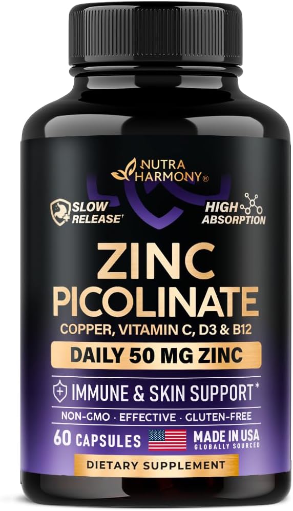 Zinc Picolinate 50mg - Suplemento Zinc con cobre, vitamina D3 &amp; B12 - Stomach Friendly ← Slow Release - Immune Support &amp; Skin Health - High Absorption with BioPerine &amp; Vitamin C - 60 cápsulas