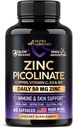 Zinc Picolinate 50mg - Suplemento Zinc con cobre, vitamina D3 &amp; B12 - Stomach Friendly ← Slow Release - Immune Support &amp; Skin Health - High Absorption with BioPerine &amp; Vitamin C - 60 cápsulas