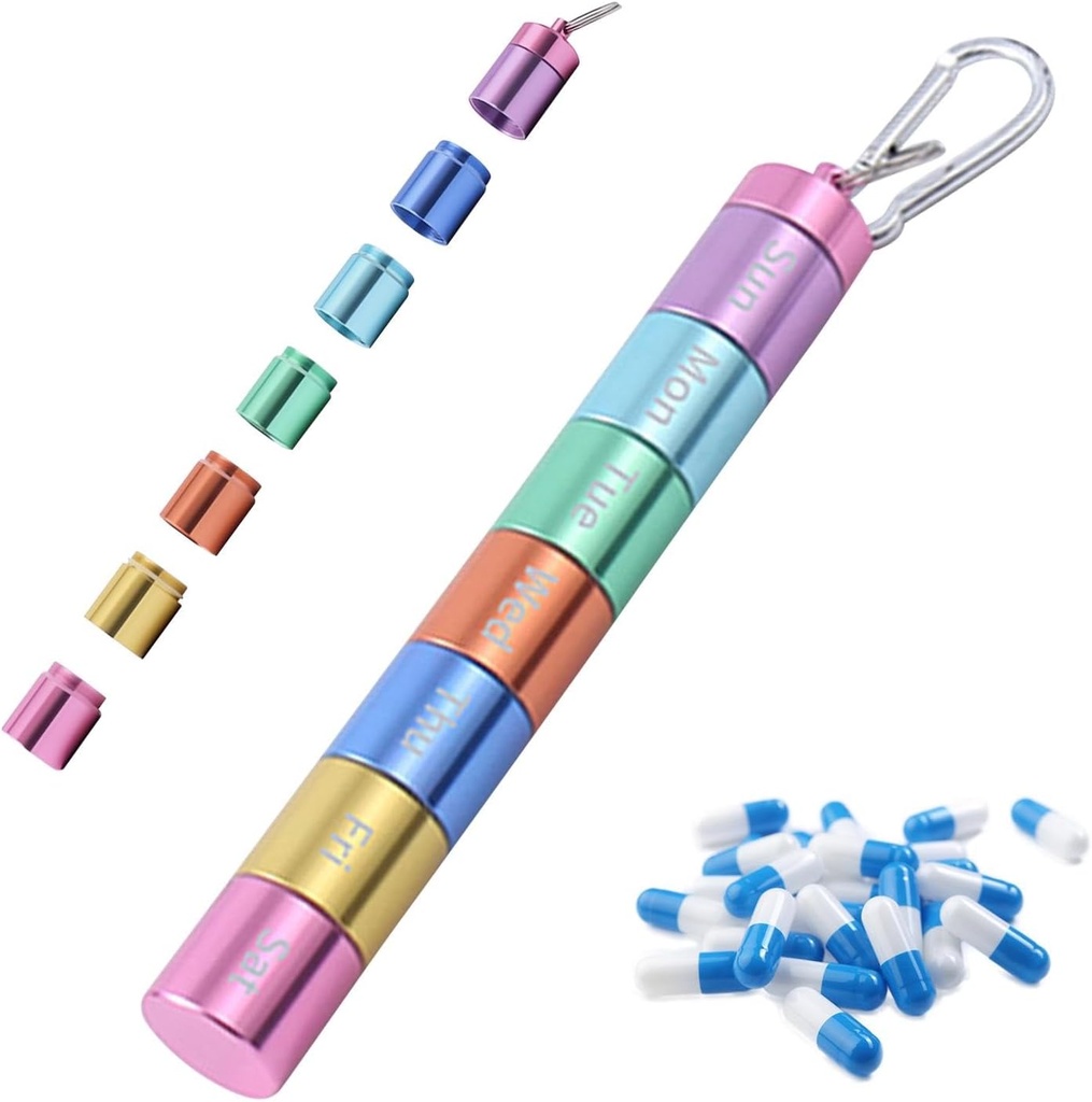 Pill Box Organiser, Portable Weekly Pill Box, 7 Day 1 Times a Day Compartments Tablet Organiser Box, Rainbow Metal Pill Holder Waterproof Pill Case with Keychain for Outdoor Travel