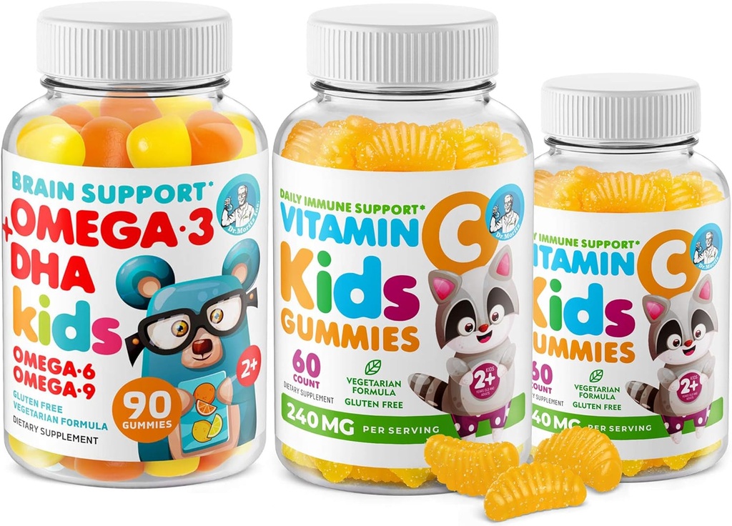 Omega-3 DHA Gummies &amp; Vitamina C Gummies for Kids &amp; Adults – Immune Support, Low-Sugar, Gelatin-Free, Vegetarian, Chewable Vitamins for Toddlers