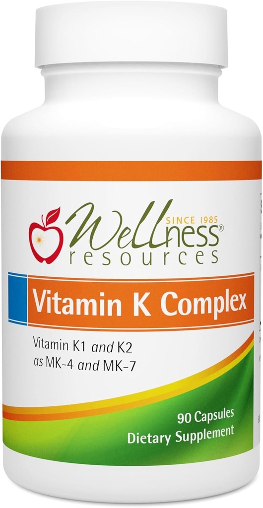 Wellness Resources Vitamin K Complex Supplement - 600 mcg Vitamin K2 (como MK-4 y Trans MK-7) y 1000 mcg K1- Bone Strength and Heart Health - K2 Vitamin Supplement - 90 Capsules Non-GMO