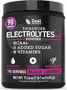 Zeal Naturals Electrolyte Powder Recovery Drink (90 Servings | Black Cherry) w 0 Sugar +BCAAs +B-Vitamins Electrolyte Supplement w Potassium Zinc & Magnesium for Hydration - Keto Electrolytes