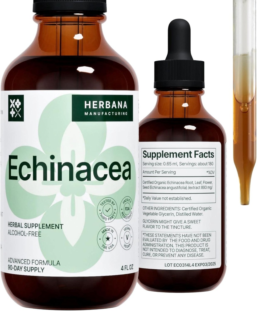 Echinacea 4 fl oz Liquid Extract - Organic Root, Leaf, Flower, Seed - Natural Herbal Supplement - Body, Immune System Support Tincture - High Potency Drops - 90-Day Supply - Family Size
