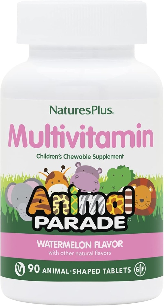 Natures Plus Animal Parade Multivitamin Children’s Chewables - Watermelon Flavor - 90 Animal Shaped Tablets - Promueve Salud y Bienestar - Vegetariano, Gluten Gratis - 45 Serviciones