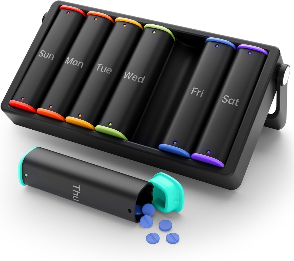 Weekly Pill Organizer 2 Times a Day, KOVIUU Large Travel Pill Box 7 Day, Am Pm Twice Daily Pill Case with Rotatable Handle, Week Pill Holder Container for Vitamin Medicine Supplement Fish Oil, Black