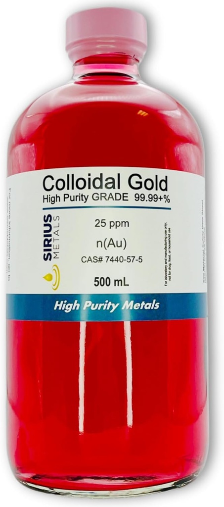 True Colloidal Gold – 25 ppm - 99.99+% Purity - 500 mL (16.9 Fl Oz) en Glass Bottle - Made in USA