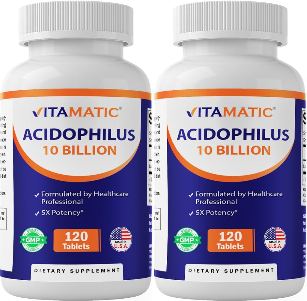 Vitamatic 2 Packs Acidophilus Probiotic - 10 Billones CFU - 120 Tabletas - 5X Potency - Suplemento Probiótico diario, soporta la salud digestiva (Total 240 Tablets)