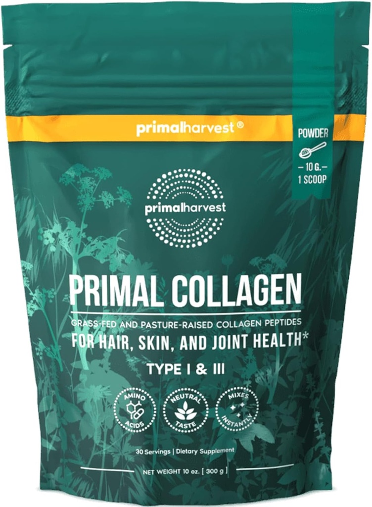 Pólvora de colágeno Primal para Mujeres o Hombres Péptidos de colágeno Primal Tipo de pólvora I " III, 10 Pólvora de proteínas de Oz Collagen para el cabello, la piel, las uñas (single, desenflavorado)