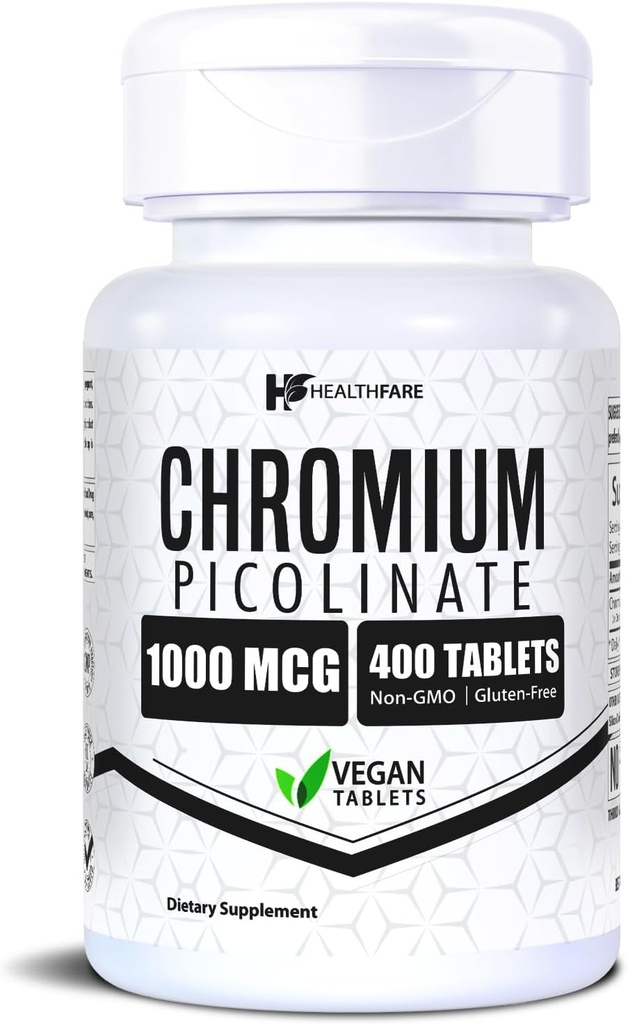 HealthFare Chromium Picolinate 1000mcg ← 400 Vegan Tablets ← High Absorption Mineral Supplement ← Apoya Metabolismo de Azúcar Saludable " Absorción Nutriente ← Non-GMO, Gluten-Free Silencio Made in USA