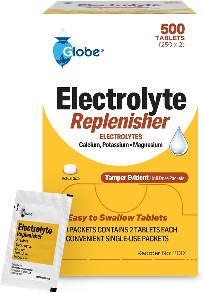 Globe Electrolyte Replacement Tablets for Rapid Hydration &amp; Exercise Recovery (500 Tablets, 250 Packets of 2) for Athletes, Hiking &amp; Sports, Travel Packets with Key Nutrients for Optimal Endurance